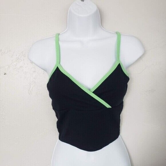 BP. NWT Women's XS Black Brami Cropped Tank Top Bralette Green Trim V-neck - Picture 1 of 6